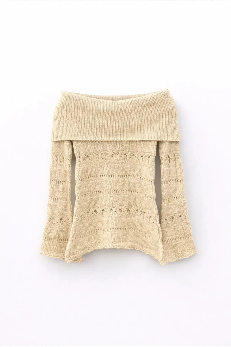 Mixray MIXRAY Off Shoulder Textured Ribbed Sweater with Cut Out Details