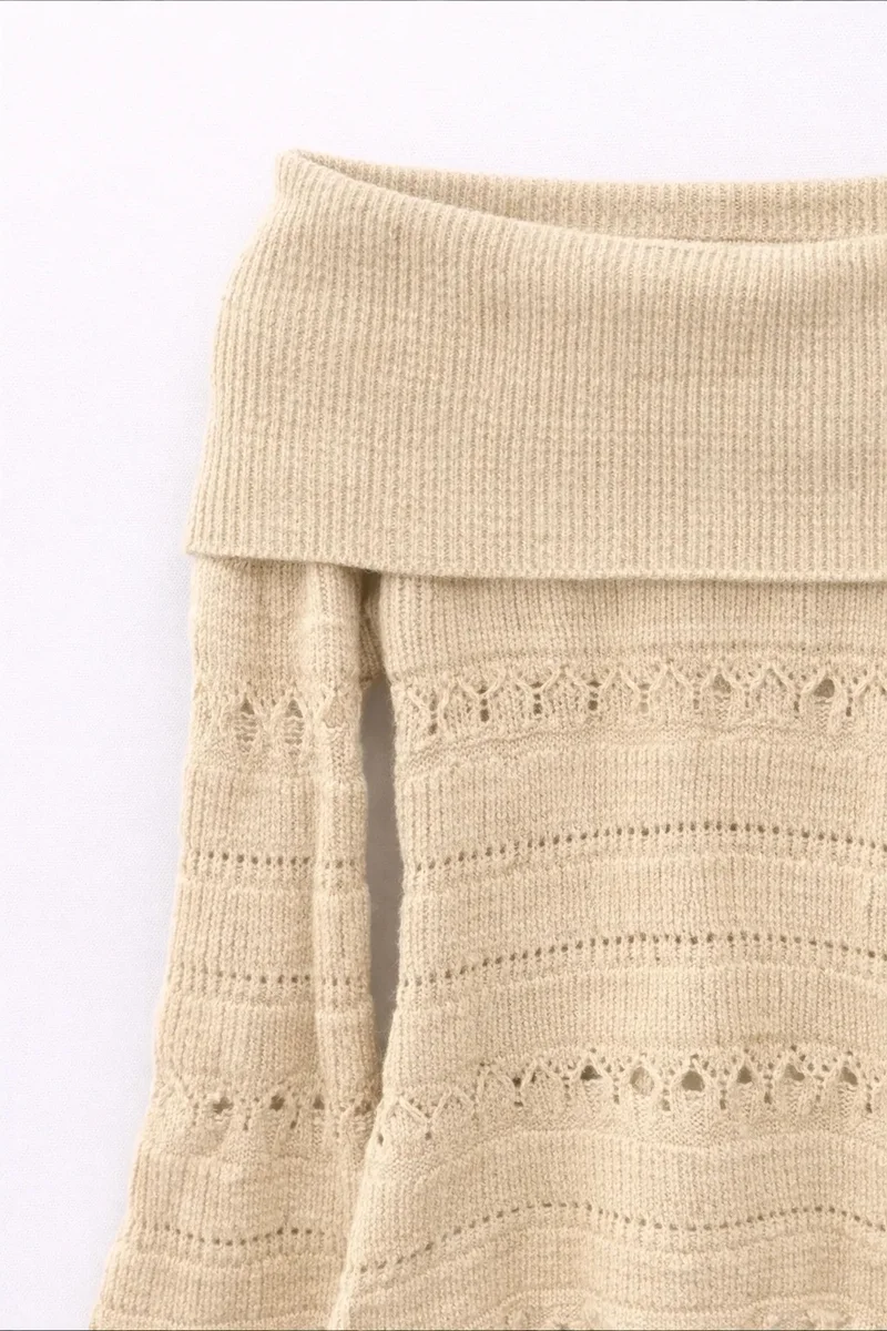 Mixray MIXRAY Off Shoulder Textured Ribbed Sweater with Cut Out Details
