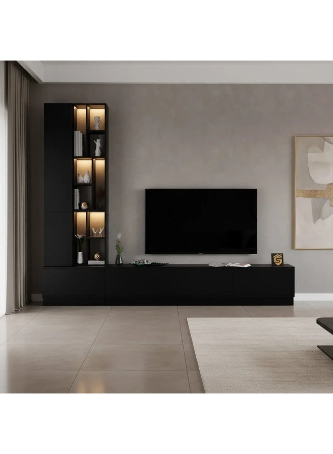 Stylish Home TV stand with side unit and lighting – Luxury black color – Model 61 - Image 2