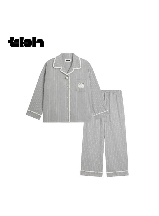 Tbh Thickened Cotton Flannel Loungewear Set Thickened Cotton Flannel Loungewear Set Fine Stripes XL - Image 1
