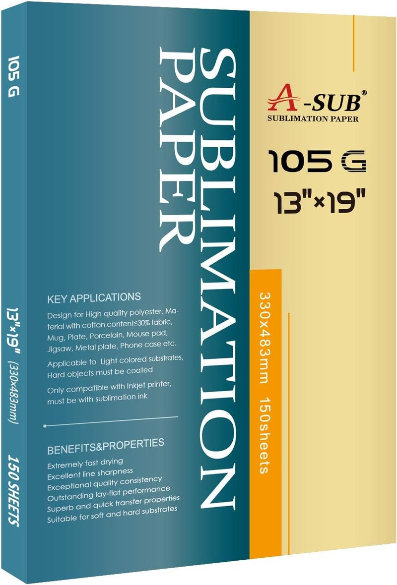 A-SUB Sublimation Paper- 150 Sheets Heat Transfer Paper 13x19 inch Compatible with Inkjet Sublimation Printer 105g - Image 1