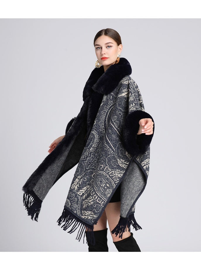 SHOWDAY Women Luxury Faux Fur Coat Jackets Wrap Cape Shawl for Wedding Party Faux Fox Fur Trim Cardigan Cloak Shawl Wraps Winter Poncho Oversized Cape - Image 3
