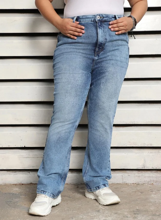 HIGH STAR Women's Indigo 100% Cotton Bleached Full Length Flared Jeans
