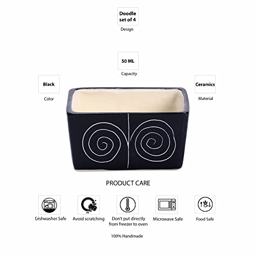 Caffeine Ceramic Stonewear Handmade Black Doodle Dip and Sauce (Set of 4, 40 ml) (Microwave & Dishwasher Safe) - Image 4