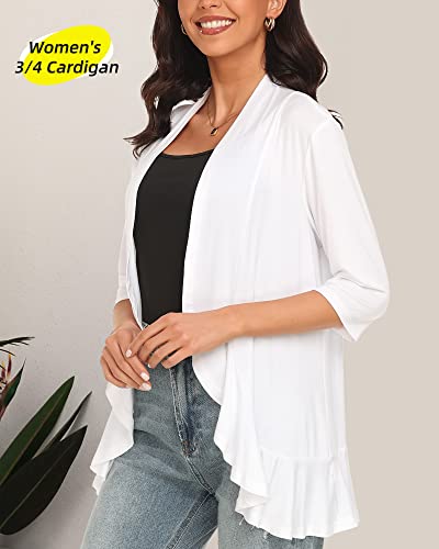 Argstar 3/4 Sleeve Cardigan for Women, Lightweight Open Front Casual Soft Draped Ruffles White Large - Image 2