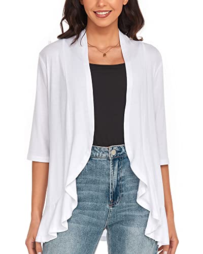 Argstar 3/4 Sleeve Cardigan for Women, Lightweight Open Front Casual Soft Draped Ruffles White Large - Image 1