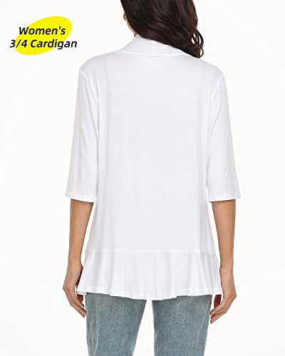 Argstar 3/4 Sleeve Cardigan for Women, Lightweight Open Front Casual Soft Draped Ruffles White Large - Image 3