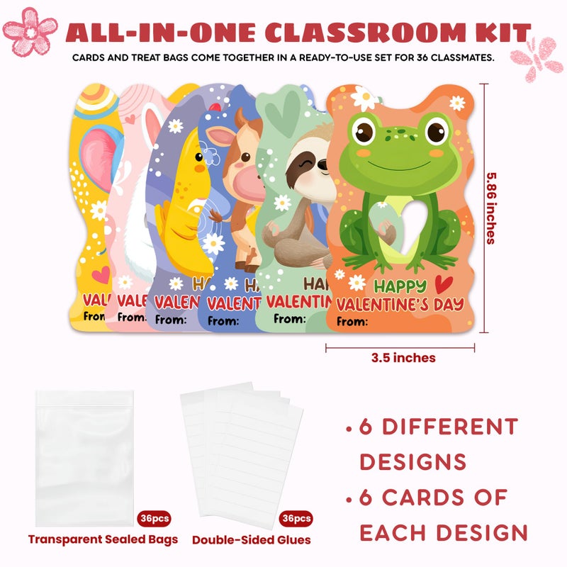 MAPDTWO 36 Packs Animal Valentines Day Cards - Valentines Day Cards for Kids School Party Favors - Animal Sloth Frog Chicken Elephant 6 Designs Exchange 3.5''x5.8'' Mason Jar Card (Candy Not Included) - Image 2