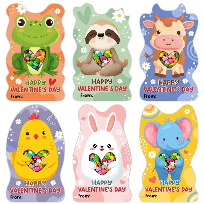 MAPDTWO 36 Packs Animal Valentines Day Cards - Valentines Day Cards for Kids School Party Favors - Animal Sloth Frog Chicken Elephant 6 Designs Exchange 3.5''x5.8'' Mason Jar Card (Candy Not Included) - Image 1