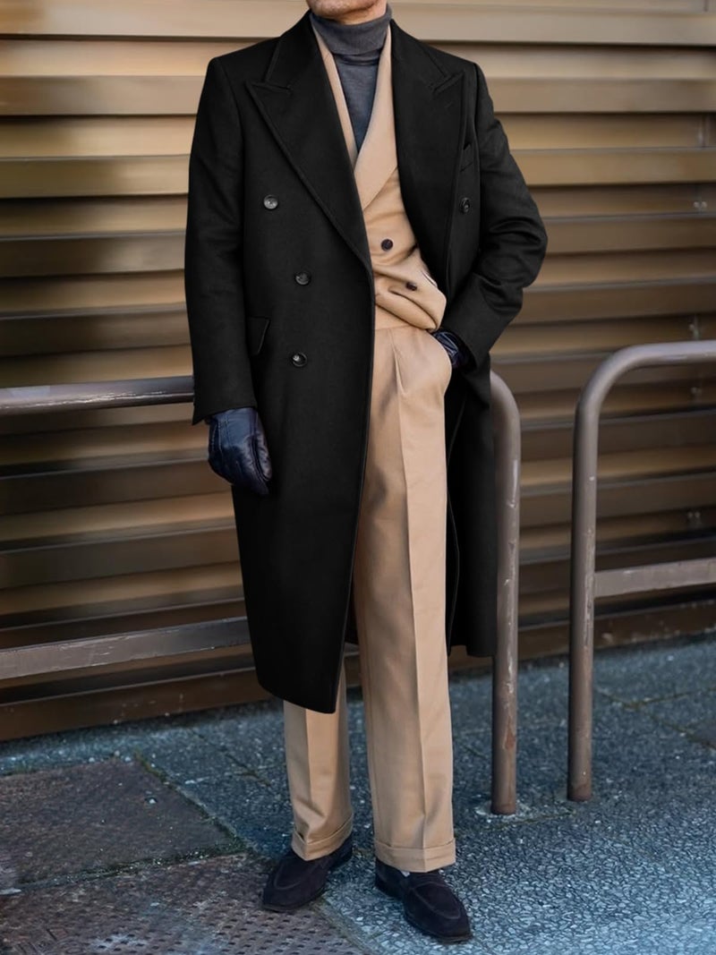 Runcati Mens Wool Blend Casual Trench Coat Notched Collar Lapel Long Jacket Peacoat Double Breasted Classic Winter Overcoat - Image 3