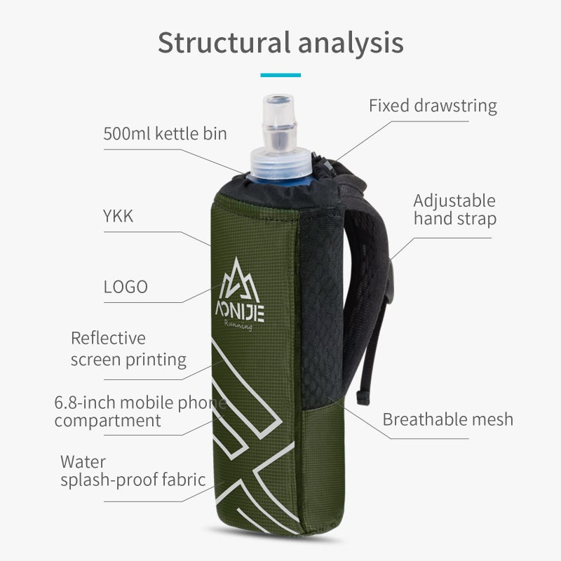 AONIJIE Quick Grip Handheld Water Bottle for Running  Hand Strap Hydration Pack with 500ml Handheld Soft Flask Water Bottle (Olive Green) - Image 2