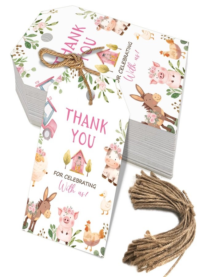 Aukolass 50pcs Farm Animals Thank You Tags, Barnyard Party Gift Tags for Farm Themed Birthday and Baby Shower Party Gift Wrapping Decoration (Pink) - Image 1