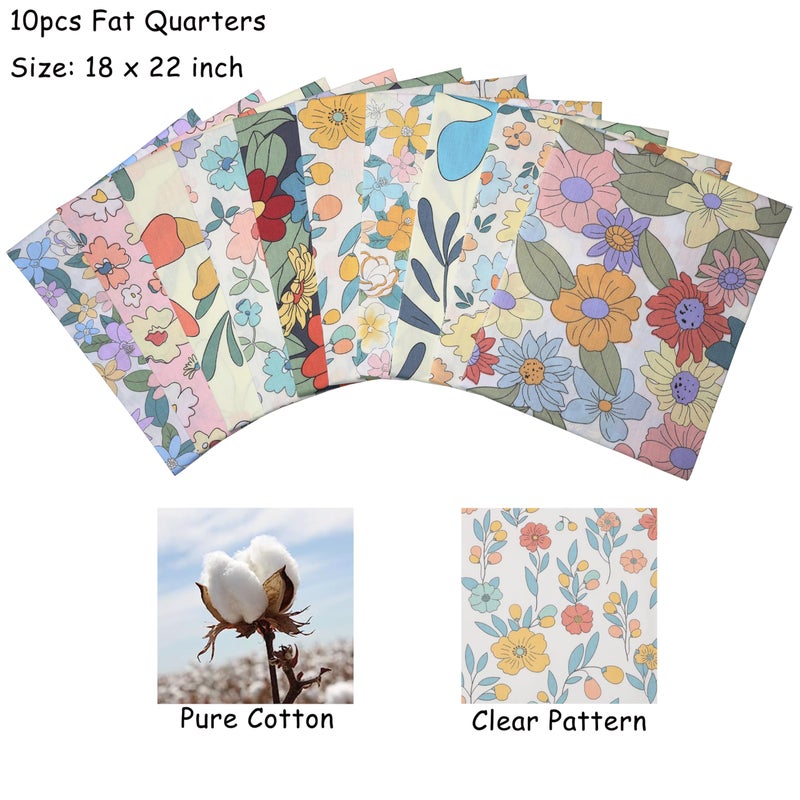 Hanjunzhao 10pcs Fat Quarters Fabric Bundles, Quilting Sewing Precut Cotton Fabric, 18 x 22 inches, Floral Print - Image 2