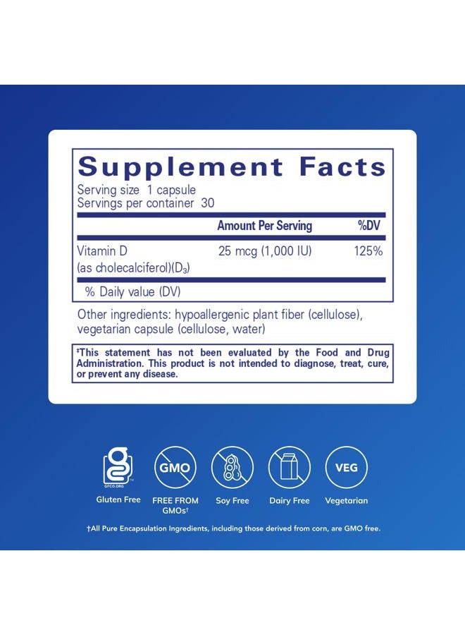 Pure Encapsulations Vitamin D3 25 mcg (1,000 IU) - Supplement to Support Bone, Joint, Breast, Heart, Colon & Immune Health - with Premium Vitamin D - 30 Capsules - Image 2