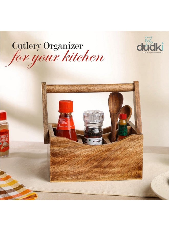 dudki Wooden Cutlery Holder | Spoon Stand for Dining Table | Chammach Stand | Cutlery holder | Caddy organizer for kitchen storage spoons forks knives tissue paper Dispenser | Mango Wood 4 Section - Image 3