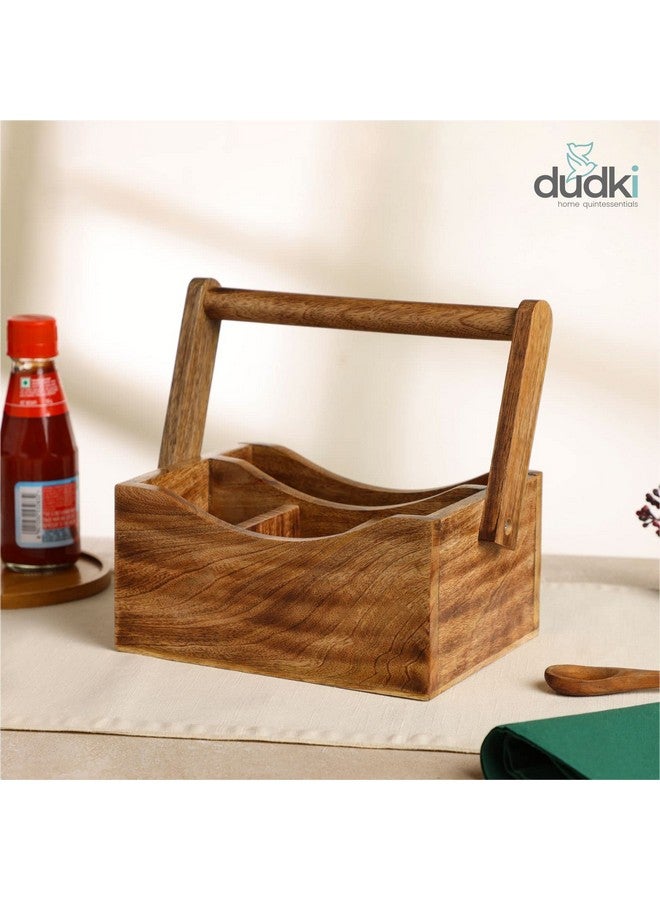 dudki Wooden Cutlery Holder | Spoon Stand for Dining Table | Chammach Stand | Cutlery holder | Caddy organizer for kitchen storage spoons forks knives tissue paper Dispenser | Mango Wood 4 Section - Image 2