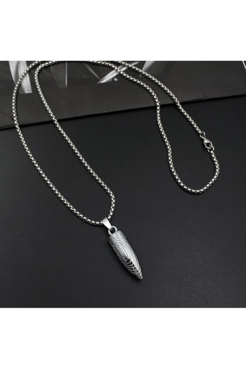 Men’s Vintage Drop Pendant Necklace – 70cm Stainless Steel Chain with 38x10mm Textured Alloy Geometric Charm – Silver Tone, Retro Style - Image 5