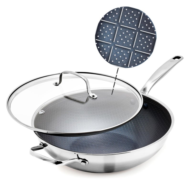 Blue Diamond Hybrid Nonstick Stainless Steel 12 Wok with Lid PFASFree Ceramic Diamond Bond StirFry Pan Induction Ready Dishwasher  Oven Safe Metal Utensil Safe StayCool Handle Silver