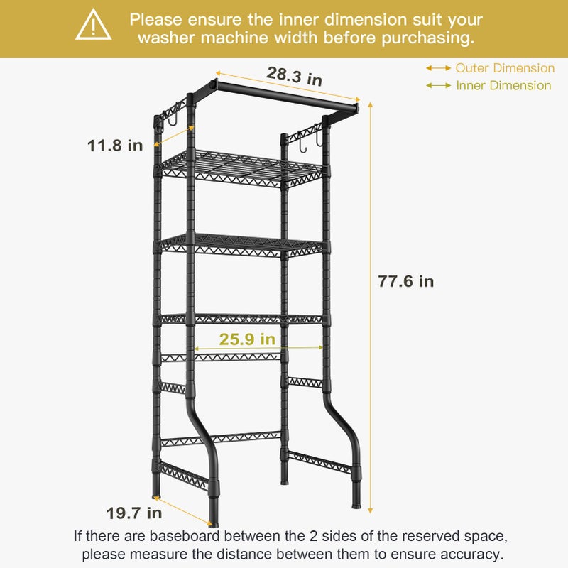 Ulif U11 Mini Over Washer and Dryer Shelves, 3 Tiers Laundry Room Storage and Organizer Standing Shelf, Metal Freestanding Clothes Drying Rack, 28.3â€W x 19.7â€D x 77.6â€H, Black - Image 3