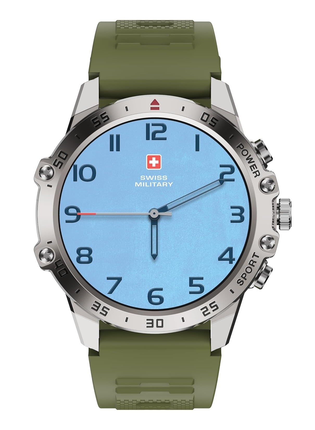 Swiss Military DOM5 Smartwatch 1.43" AMOLED, Bluetooth Calling, Multi Language, Health & Sports Tracking, Wireless Charging, 7 Days Battery, IP68, iOS/Android Compatible,Silver Frame with Green Strap