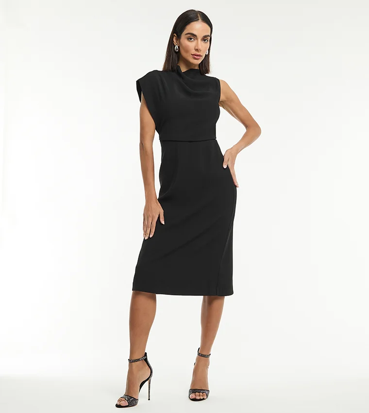 بي سي بي جي BCBG DRAPED NECK POLYTWILL SHORT SLEEVE MIDI DRESS