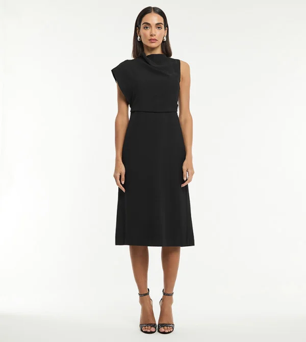 بي سي بي جي BCBG DRAPED NECK POLYTWILL SHORT SLEEVE MIDI DRESS
