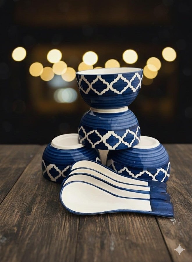 Jetwals Ceramic Soup Bowl Blue Set with Spoon Kitchen Dinnerware Moroccan Pattern, (Blue Soup Bowl Set of 4)