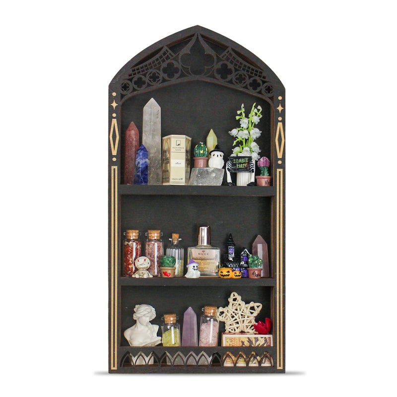 FNYDOX Gothic Crystal Shelf Display for Wall, Wooden Rock Gem Healing Stone Display Shelf Wall Mounted, Crystal Holder Trinket Organizer Knick Knack Shelf, Gothic Witchy Decor Gifts for Women - 2025 UPGRADED - Image 1