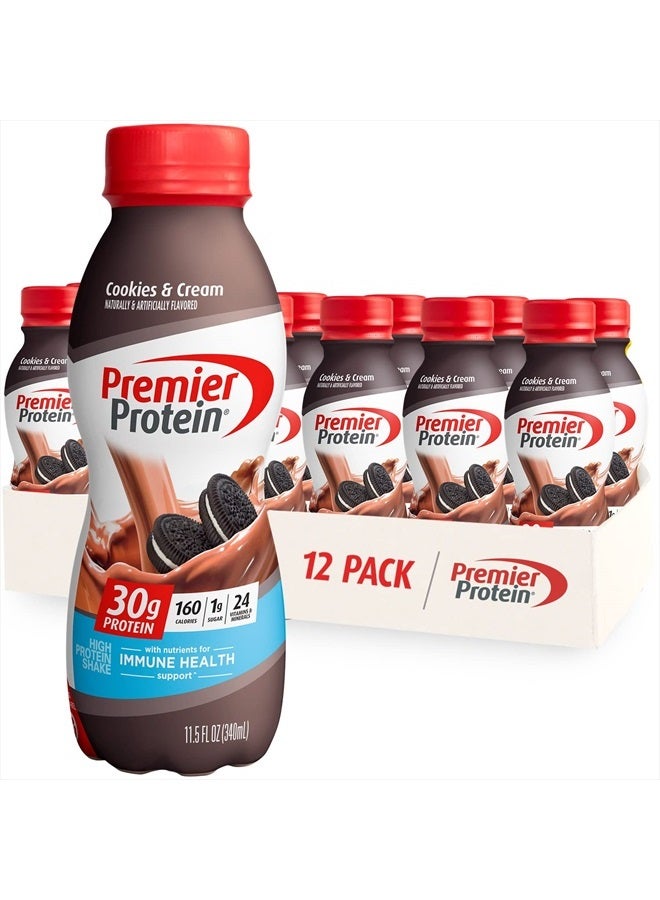 Premier Protein Shake, Cookies & Cream, 30g Protein, 1g Sugar, 24 Vitamins & Minerals, Nutrients to Support Immune Health 11.5 fl oz (12 Pack) - Image 1