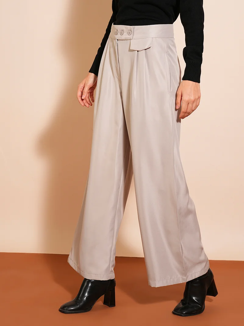 globus Women Solid Flared High-Rise Pleated Formal Trousers
