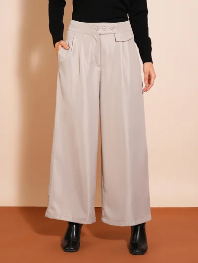 globus Women Solid Flared High-Rise Pleated Formal Trousers
