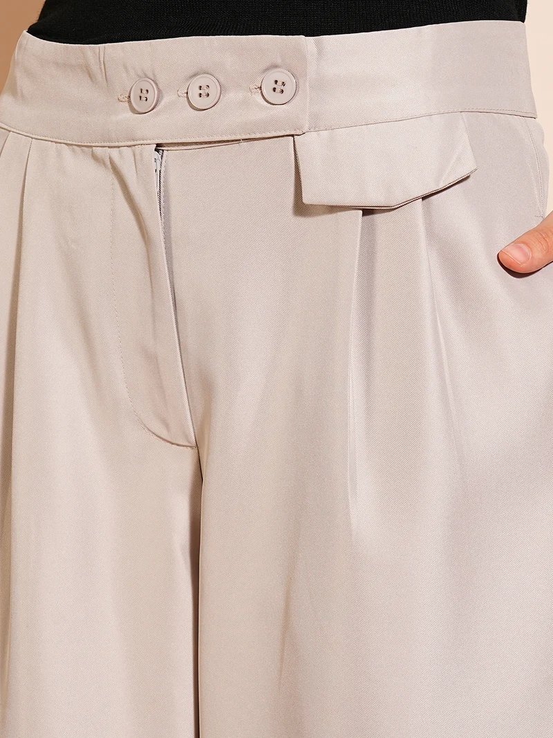 globus Women Solid Flared High-Rise Pleated Formal Trousers