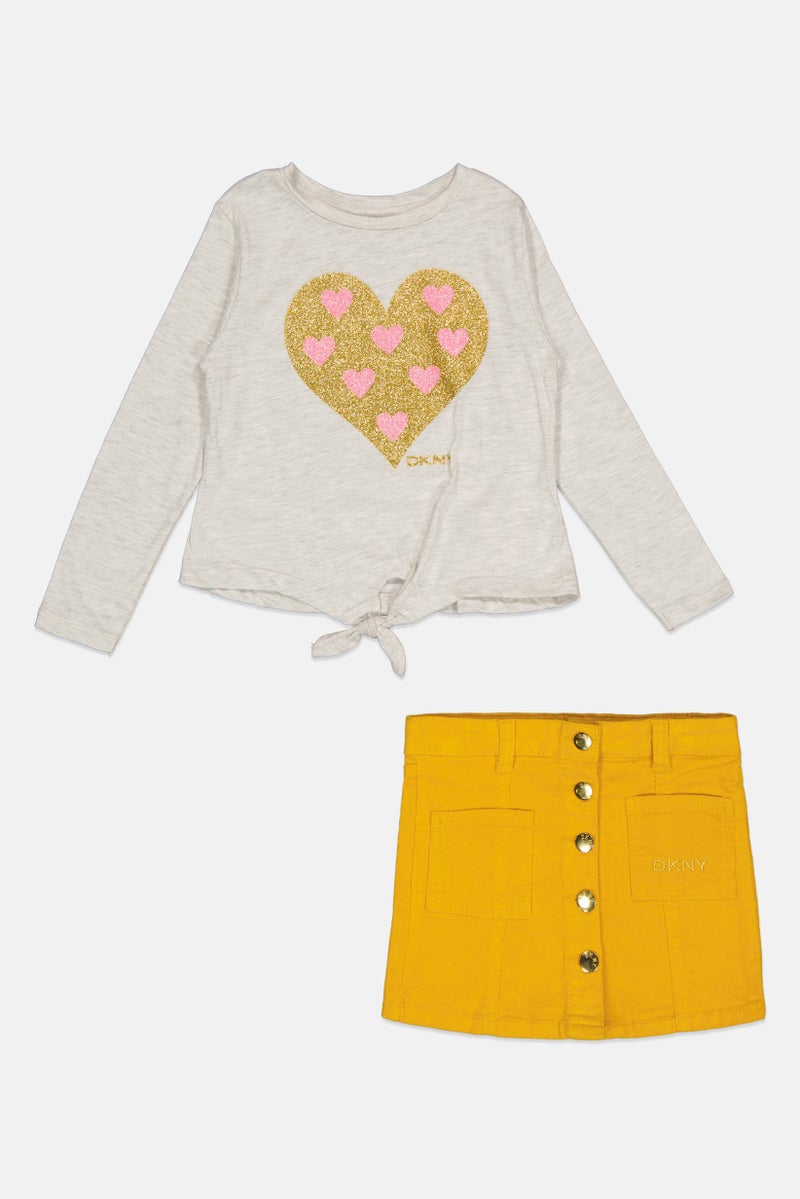DKNY Toddlers Girl 2 Piece Glitter Graphic Top And Corduroy Skirt Set, Grey  - Image 1