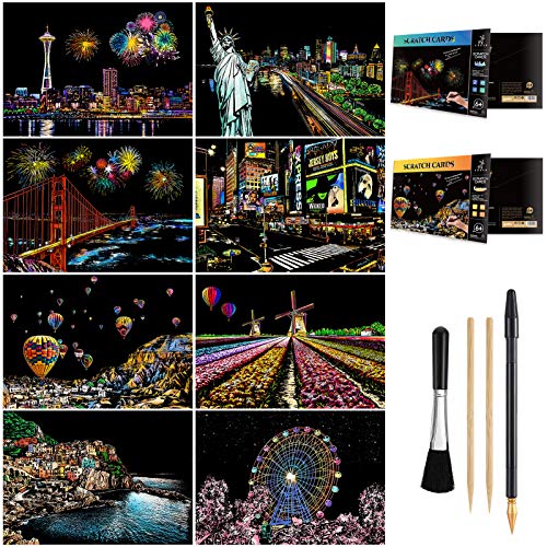 AP ARTSPER Scratch Art for Teens Adults Rainbow Engraving Painting Landscape ScratchboardA4 Crafts Set 8 Sheets with 4 tools New York Statue of Liberty Golden Gate Bridge Manarola America Europe - Image 1