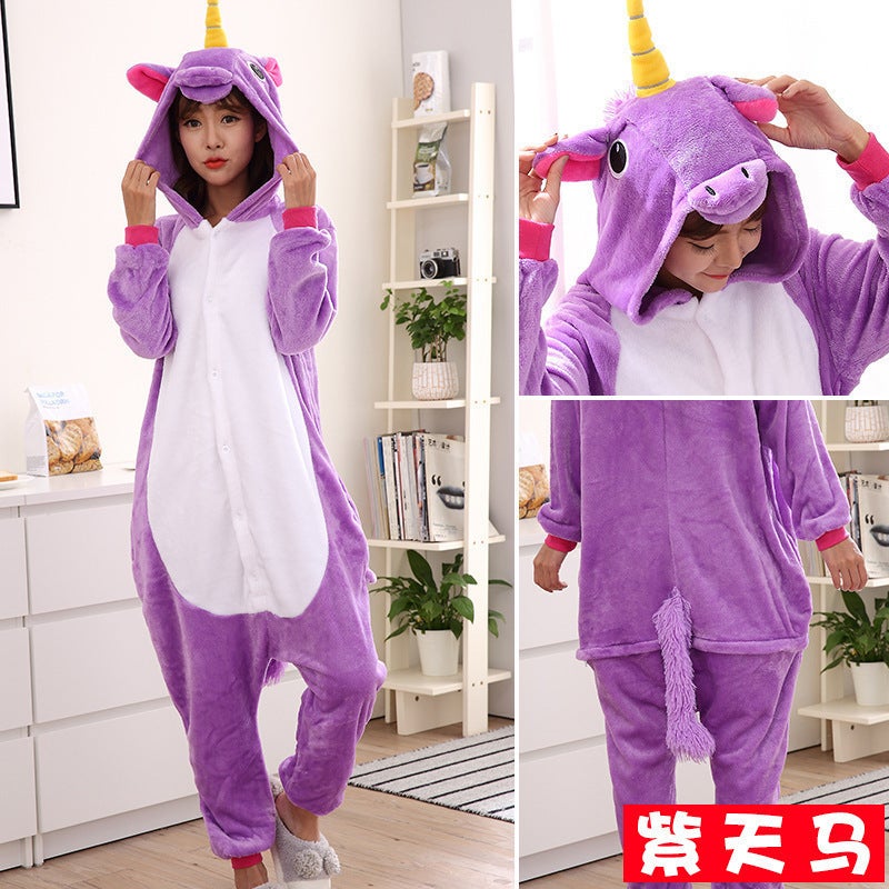 Couple Flannel Cartoon Onesie Pajamas Winter Purple Tianma