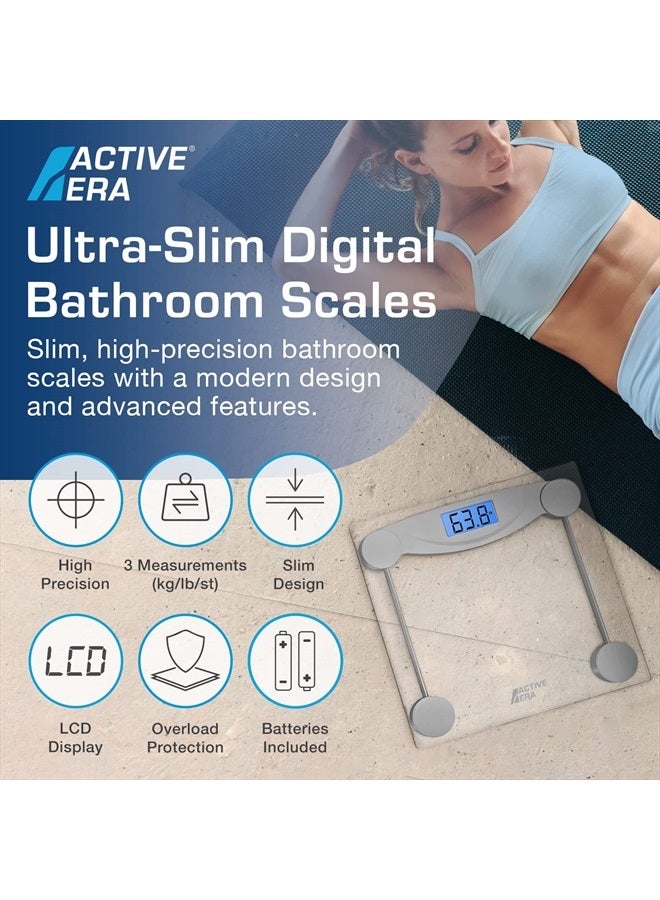 ACTIVE ERA Digital Body Weight Scale - Ultra Slim High Precision Bathroom Scale with Tempered Glass, Step-on Technology and Backlit Display - Body Weighing Scale 180kg / 400lb (lbs/Stone/kgs) - Image 2