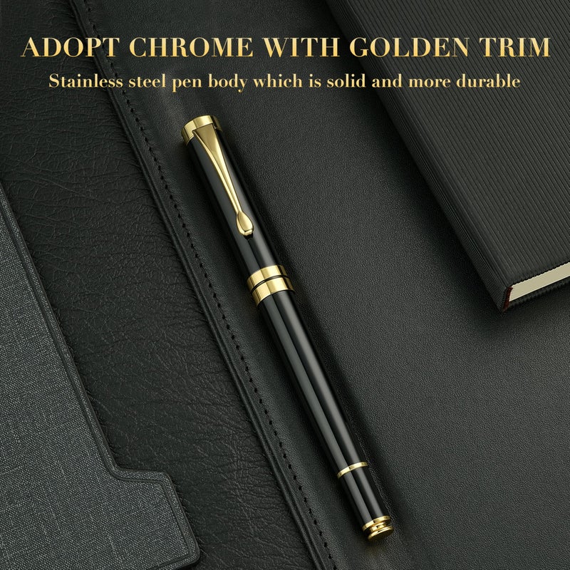 BEILUNER Ballpoint Pens, Stunning Black Chrome Metal Pen with Golden Trim, Best Ball Pen Gift Set for Men & Women, Professional, Executive, Office, Nice Pens-Gift Box with 0.5mm Black Extra Refill - Image 3