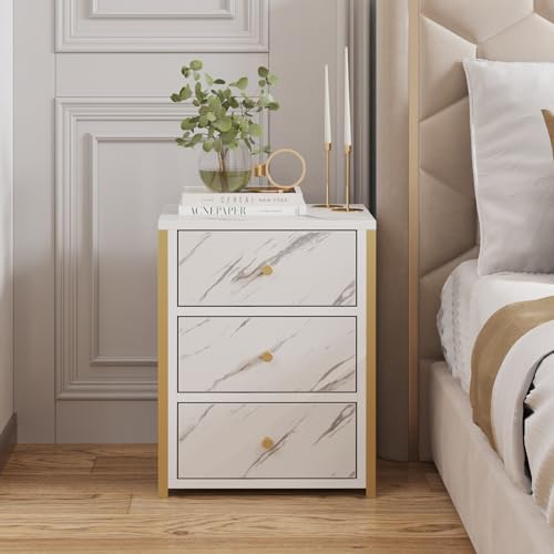 HOME CUBE Bedside Table with Storage 3 Drawer Side Table Night Stand End Table Organiser Space Saver Storage Organizer for Living Room Bedroom Hallway Marble Texture Top Design (BST-013) - Image 2