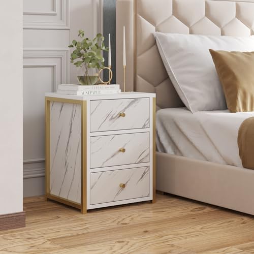 HOME CUBE Bedside Table with Storage 3 Drawer Side Table Night Stand End Table Organiser Space Saver Storage Organizer for Living Room Bedroom Hallway Marble Texture Top Design (BST-013) - Image 1