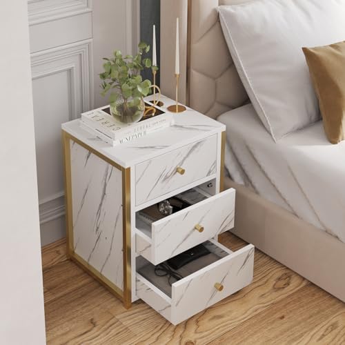 HOME CUBE Bedside Table with Storage 3 Drawer Side Table Night Stand End Table Organiser Space Saver Storage Organizer for Living Room Bedroom Hallway Marble Texture Top Design (BST-013) - Image 4