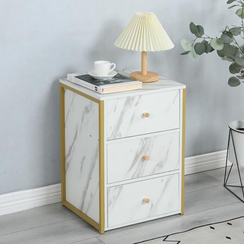 HOME CUBE Bedside Table with Storage 3 Drawer Side Table Night Stand End Table Organiser Space Saver Storage Organizer for Living Room Bedroom Hallway Marble Texture Top Design (BST-013) - Image 3