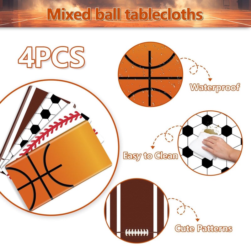 APUXXJUPA 4 Pcs Sports Themed Party Tablecloths, Soccer Baseball Basketball Football Table Covers for Sports Themed Party Decorations Boys Birthday Party Supplies, 51 x 86 inches - Image 3