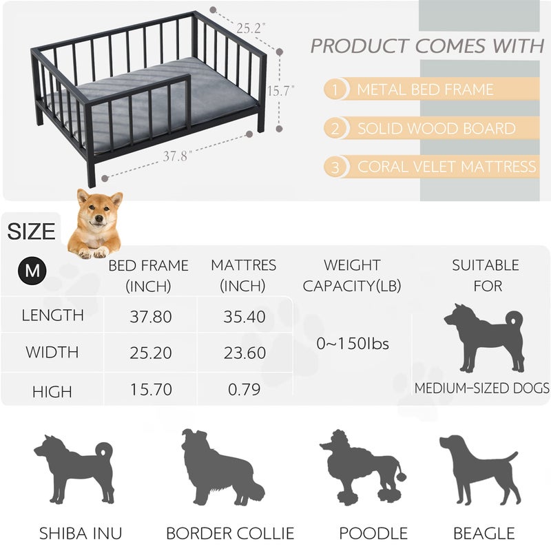 OSCHF Dog Bed with Rails - Elevated Pet Metal Bed Frame with Solid Wood Board and Washable Soft Mat for Medium Dog Indoor or Outdoor Use, 25.2" x 37.8", Black - Image 2