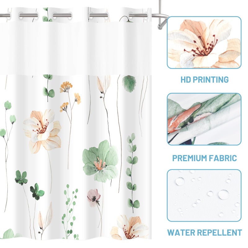 WITHLOC No Hook Shower Curtain with Snap in Liner - Floral Shower Curtain - Fabric Waterproof Inner Liner, Plants Watercolor Sage Green Modern Cloth Shower Curtains - Machine Washable, 71 x 74 - Image 4