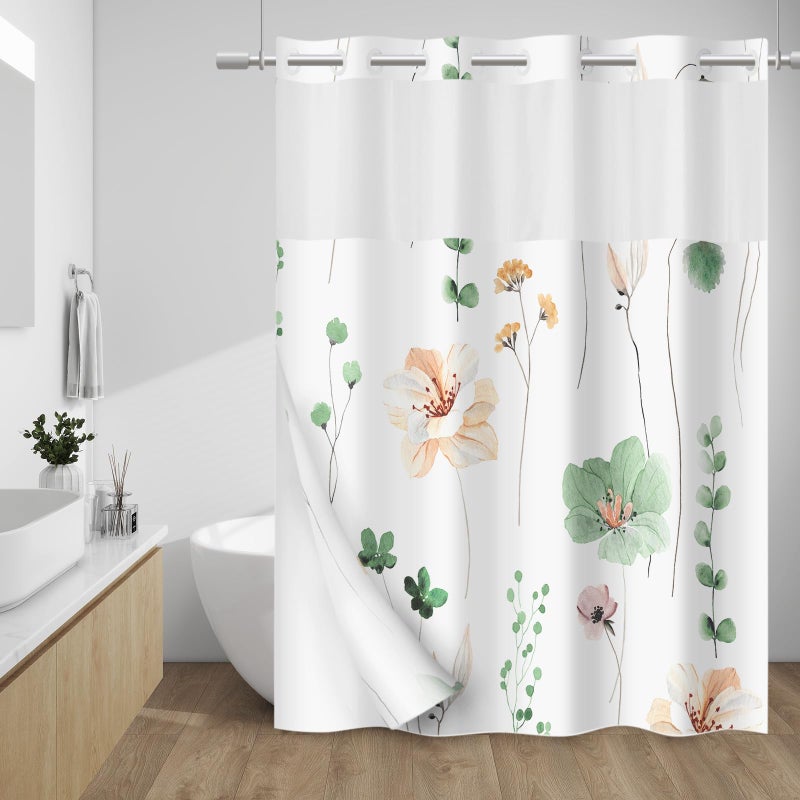 WITHLOC No Hook Shower Curtain with Snap in Liner - Floral Shower Curtain - Fabric Waterproof Inner Liner, Plants Watercolor Sage Green Modern Cloth Shower Curtains - Machine Washable, 71 x 74 - Image 1