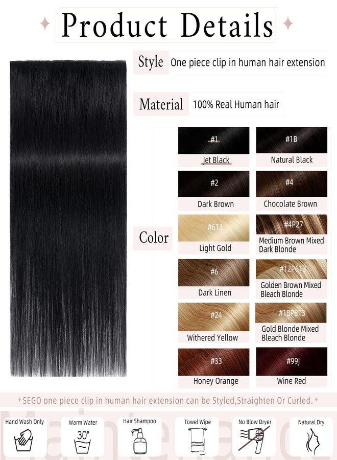 SEGO One Piece Clip in Extensions, 5 Clips Real Human Hair Extensions, Long Straight, 8 inches, #01 Jeck Black - Image 2
