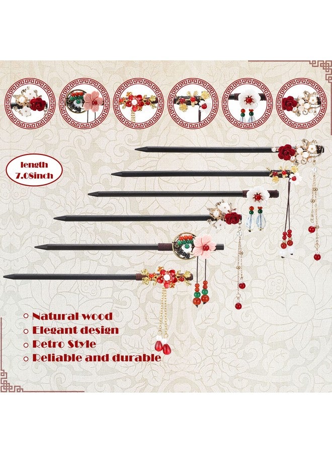 WILLBOND WILLBOND 6 Pcs Chinese Hair Chopsticks for Women Wooden Hair Accessories Japanese Floral Hair Sticks Retro Tassel Flower Vintage Hairpins Handmade Hair Pins for Women Long Curly Hair(Elegant Pattern) - Image 2