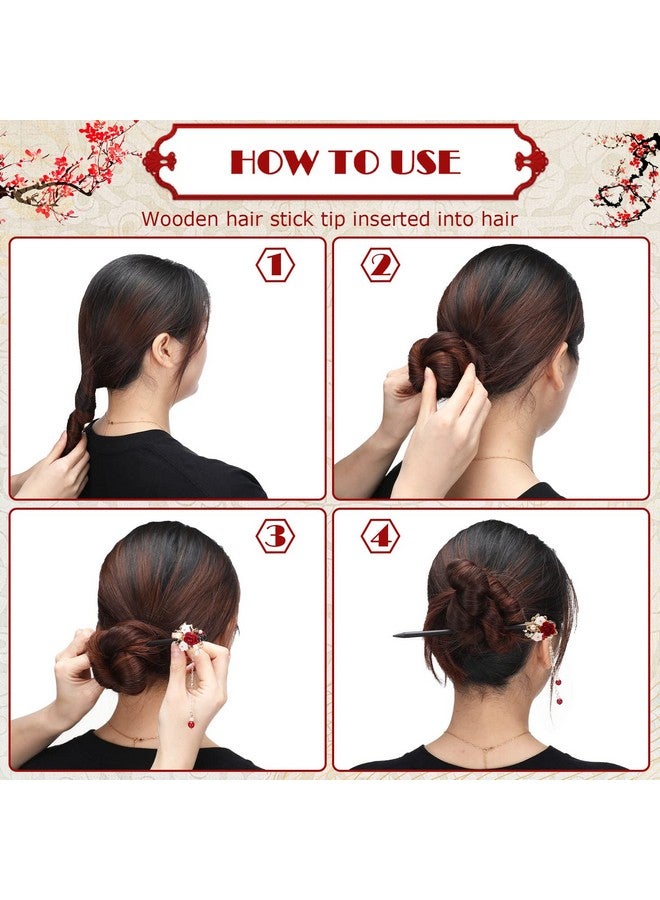 WILLBOND WILLBOND 6 Pcs Chinese Hair Chopsticks for Women Wooden Hair Accessories Japanese Floral Hair Sticks Retro Tassel Flower Vintage Hairpins Handmade Hair Pins for Women Long Curly Hair(Elegant Pattern) - Image 3
