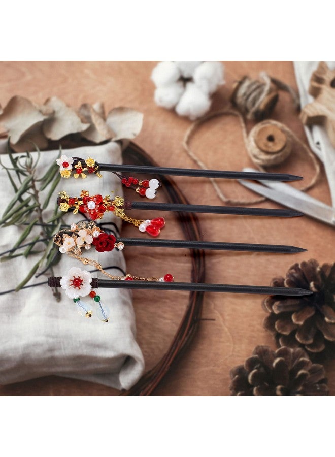 WILLBOND WILLBOND 6 Pcs Chinese Hair Chopsticks for Women Wooden Hair Accessories Japanese Floral Hair Sticks Retro Tassel Flower Vintage Hairpins Handmade Hair Pins for Women Long Curly Hair(Elegant Pattern) - Image 4