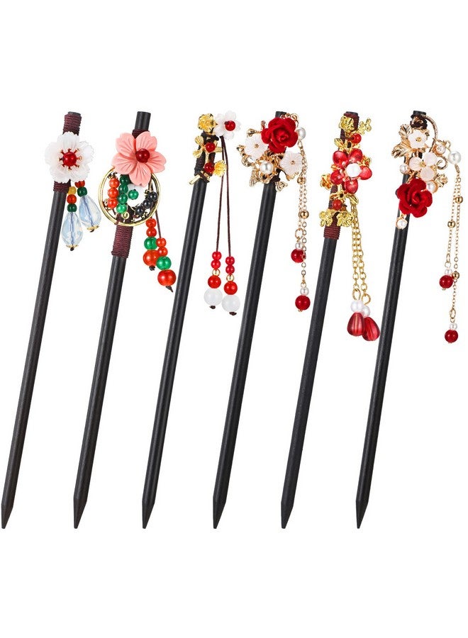WILLBOND WILLBOND 6 Pcs Chinese Hair Chopsticks for Women Wooden Hair Accessories Japanese Floral Hair Sticks Retro Tassel Flower Vintage Hairpins Handmade Hair Pins for Women Long Curly Hair(Elegant Pattern) - Image 1